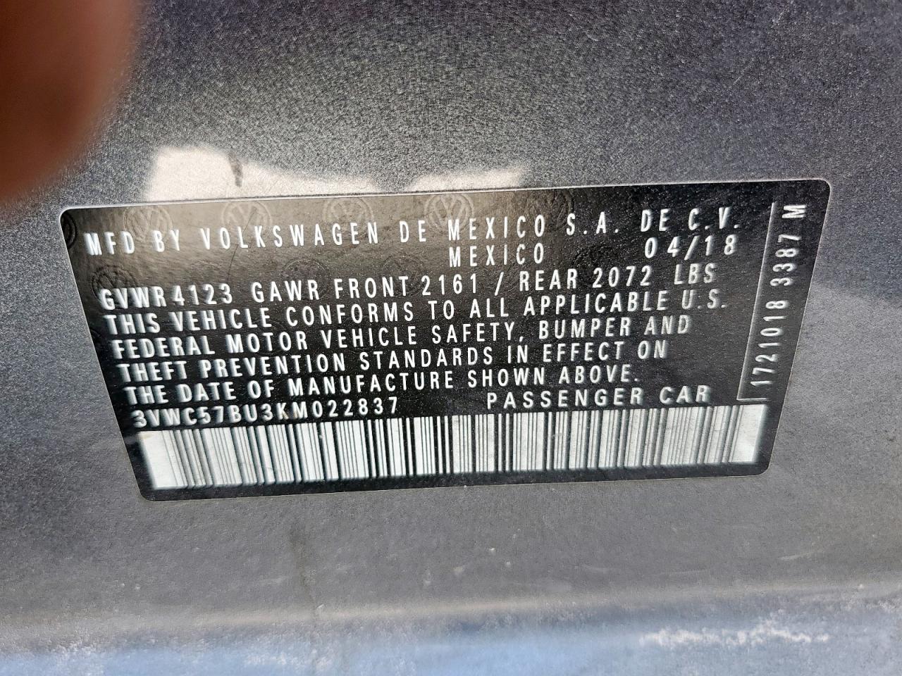 2019 Volkswagen Jetta S VIN: 3VWC57BU3KM022837 Lot: 85136825