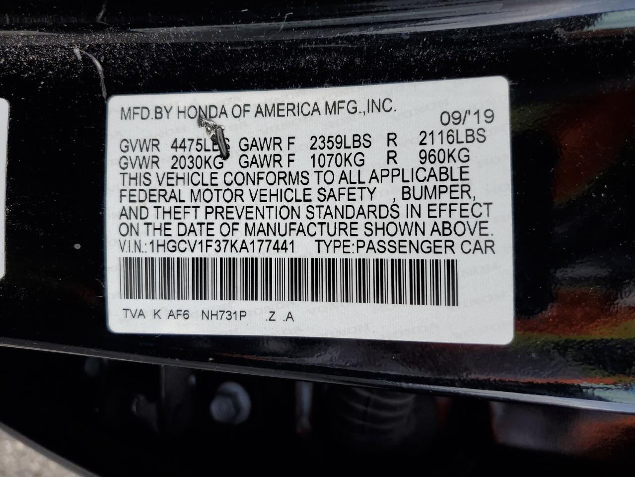 2019 Honda Accord Sport VIN: 1HGCV1F37KA177441 Lot: 86335545