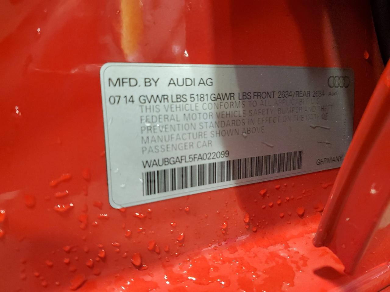 2015 Audi S4 Premium Plus VIN: WAUBGAFL5FA022099 Lot: 85000615