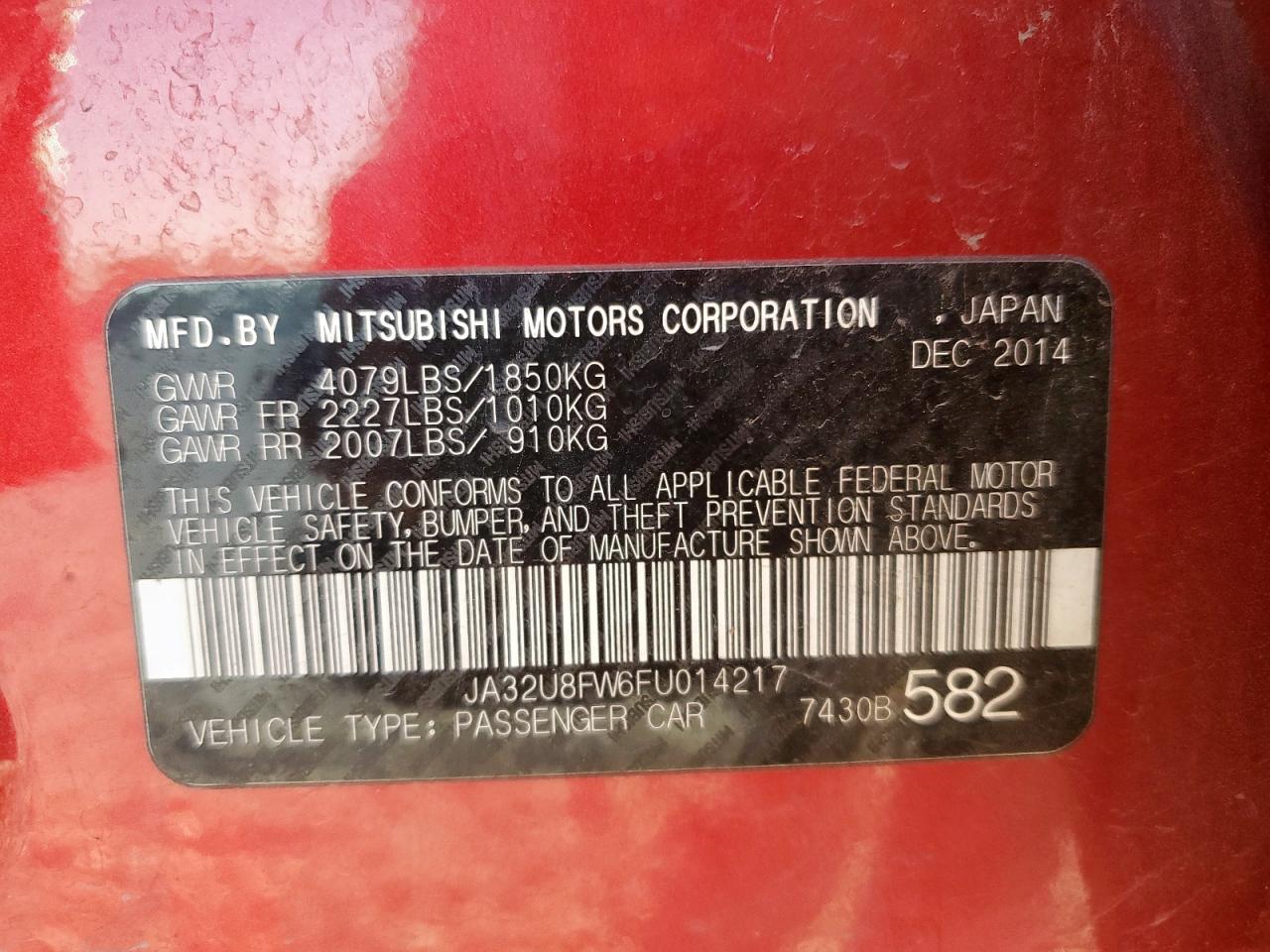 2015 Mitsubishi Lancer Gt VIN: JA32U8FW6FU014217 Lot: 85910925