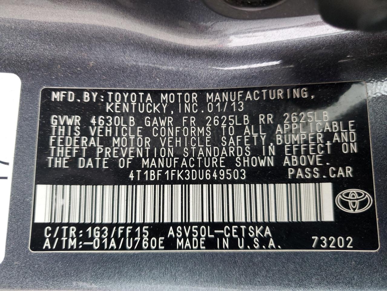 2013 Toyota Camry L VIN: 4T1BF1FK3DU649503 Lot: 82354745