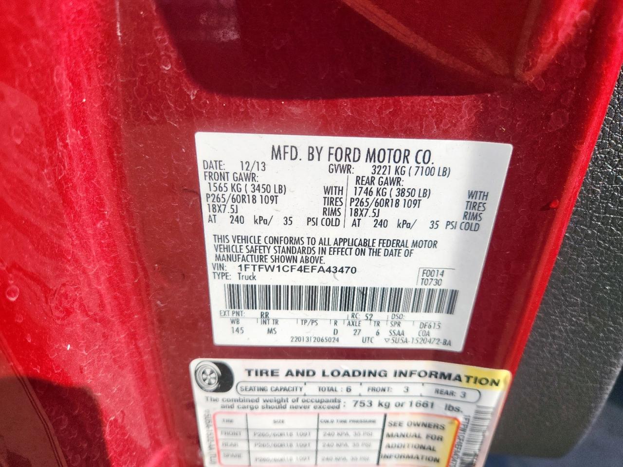 2014 Ford F150 Supercrew VIN: 1FTFW1CF4EFA43470 Lot: 90729495