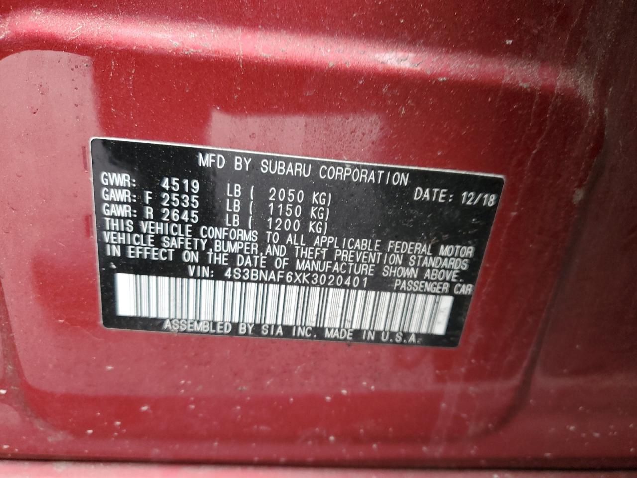 2019 Subaru Legacy 2.5I Premium VIN: 4S3BNAF6XK3020401 Lot: 86278315