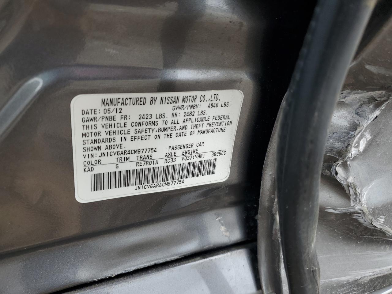 2012 Infiniti G37 VIN: JN1CV6AR4CM977754 Lot: 82264785