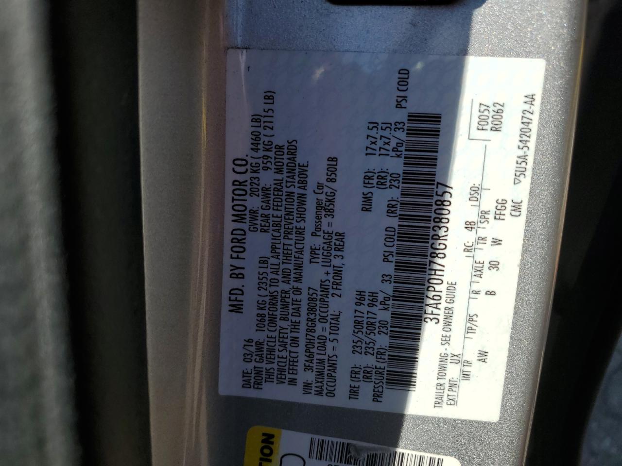 2016 Ford Fusion Se VIN: 3FA6P0H78GR380857 Lot: 84996105