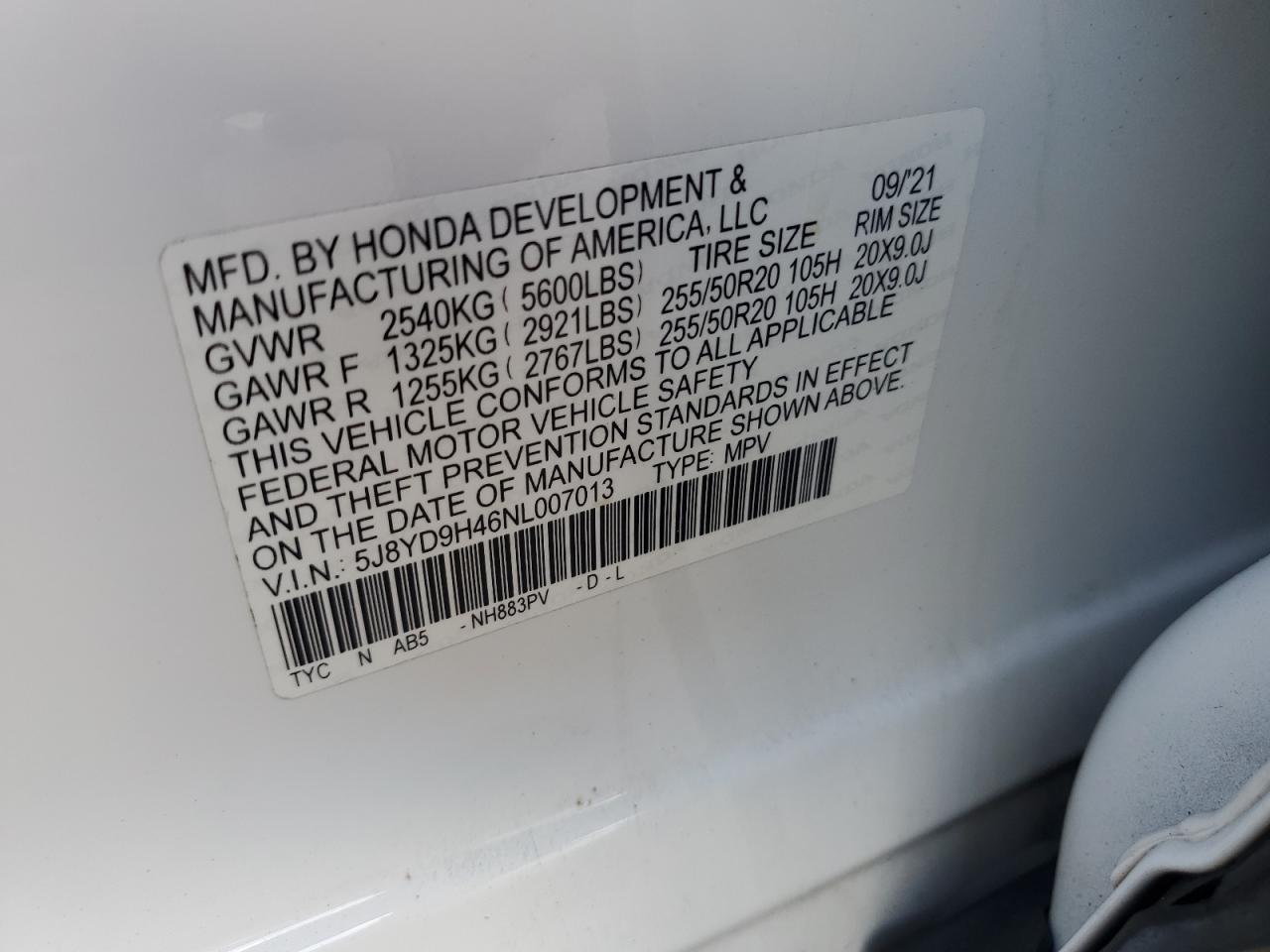 2022 Acura Mdx Technology VIN: 5J8YD9H46NL007013 Lot: 89796525