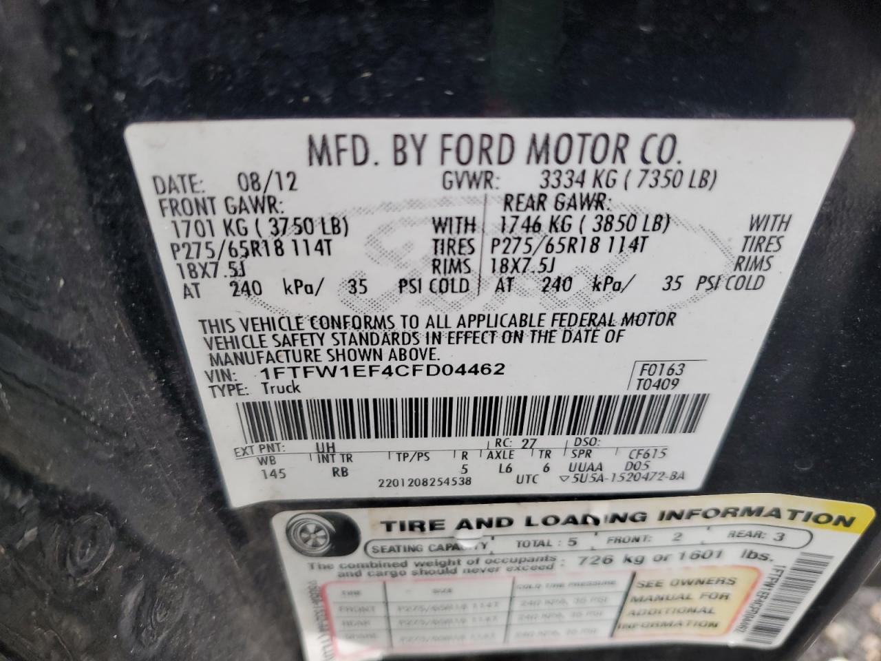 2012 Ford F150 Supercrew VIN: 1FTFW1EF4CFD04462 Lot: 81925045