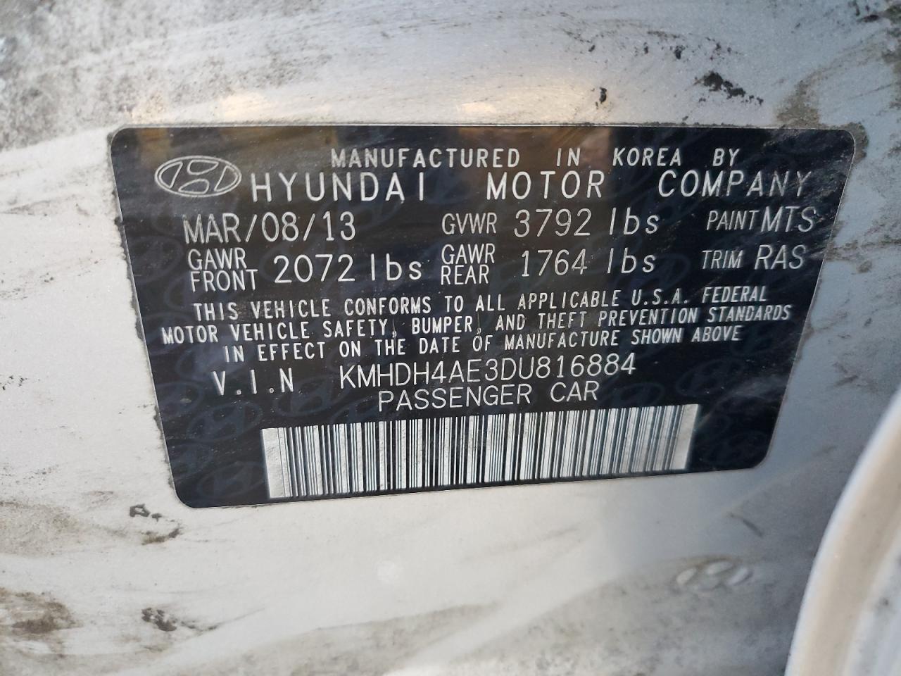 2013 Hyundai Elantra Gls VIN: KMHDH4AE3DU816884 Lot: 85720975