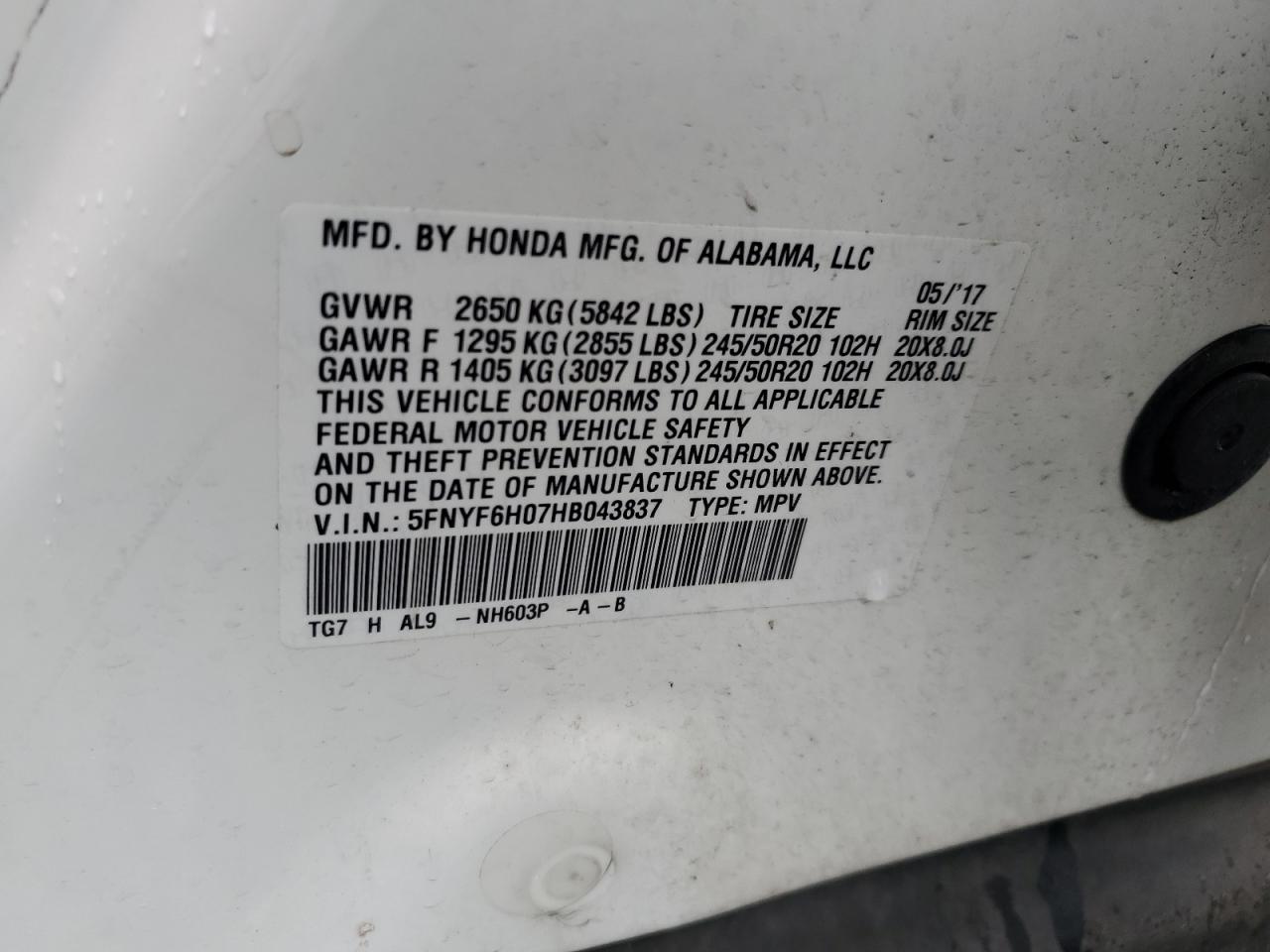 2017 Honda Pilot Elite VIN: 5FNYF6H07HB043837 Lot: 82187795