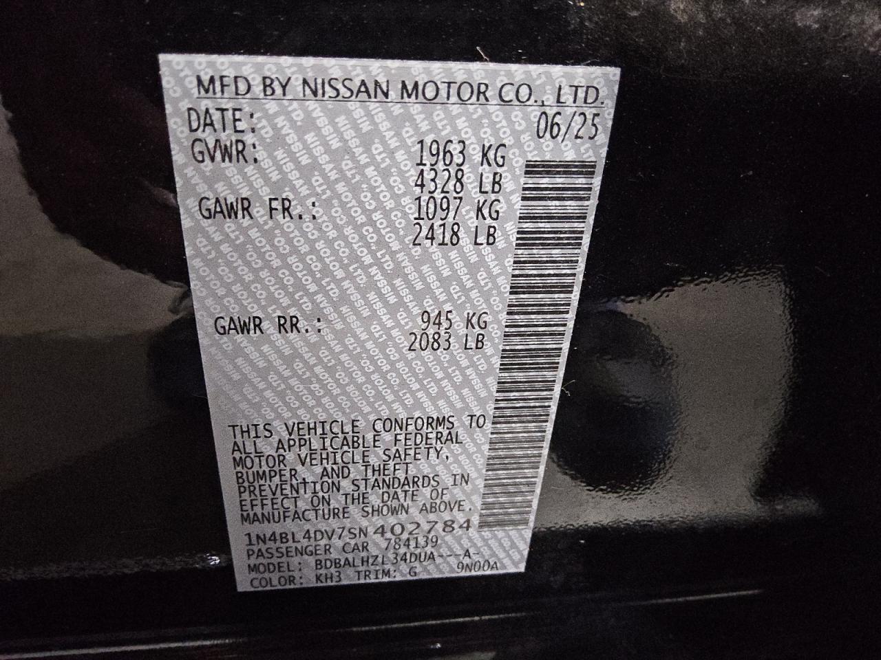 2025 Nissan Altima Sv VIN: 1N4BL4DV7SN402784 Lot: 85300345