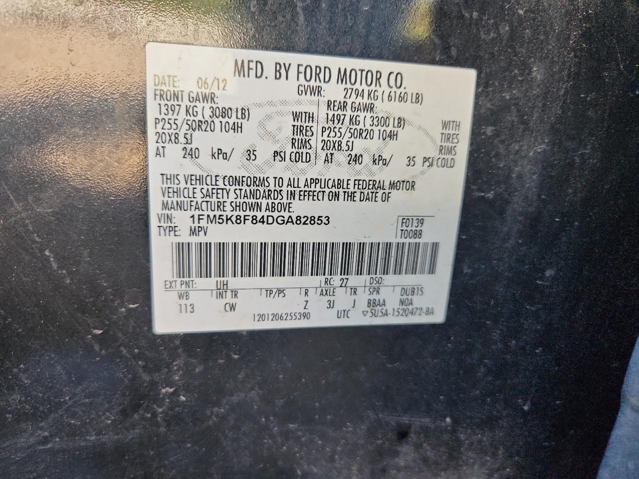 2013 Ford Explorer Limited VIN: 1FM5K8F84DGA82853 Lot: 86506995