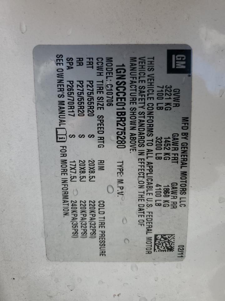 2011 Chevrolet Tahoe C1500 Ltz VIN: 1GNSCCE01BR275280 Lot: 87010335