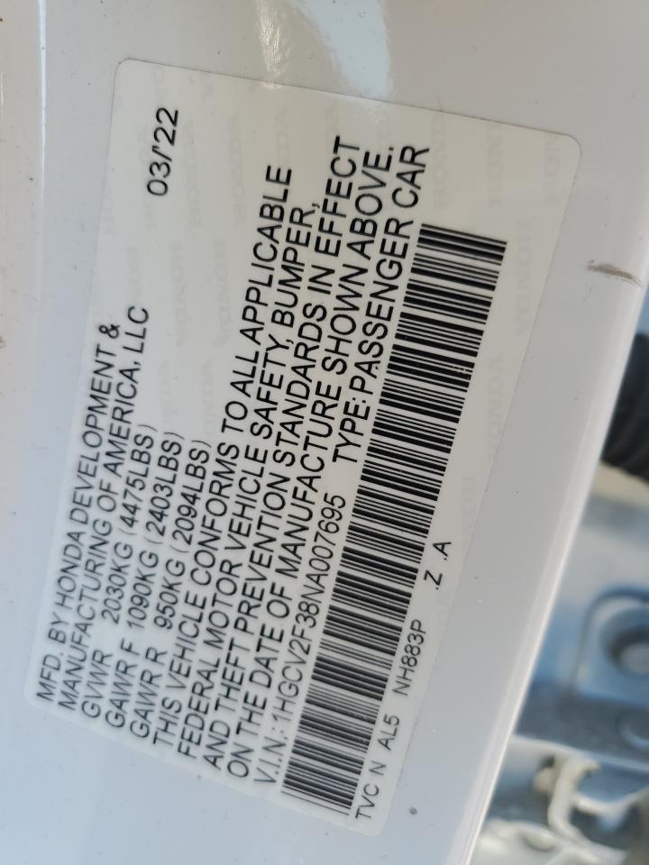 2022 Honda Accord Sport VIN: 1HGCV2F38NA007695 Lot: 85591595