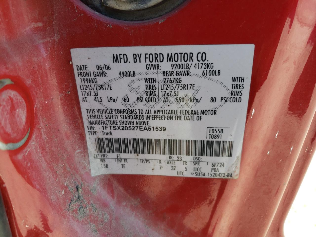 2007 Ford F250 Super Duty VIN: 1FTSX20527EA51539 Lot: 86709255