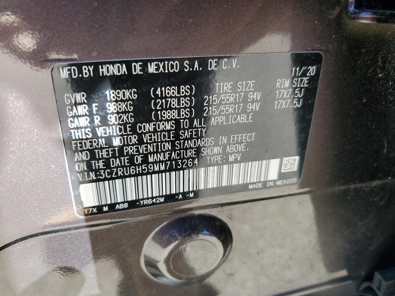 2021 Honda Hr-V Ex VIN: 3CZRU6H59MM713264 Lot: 82640885