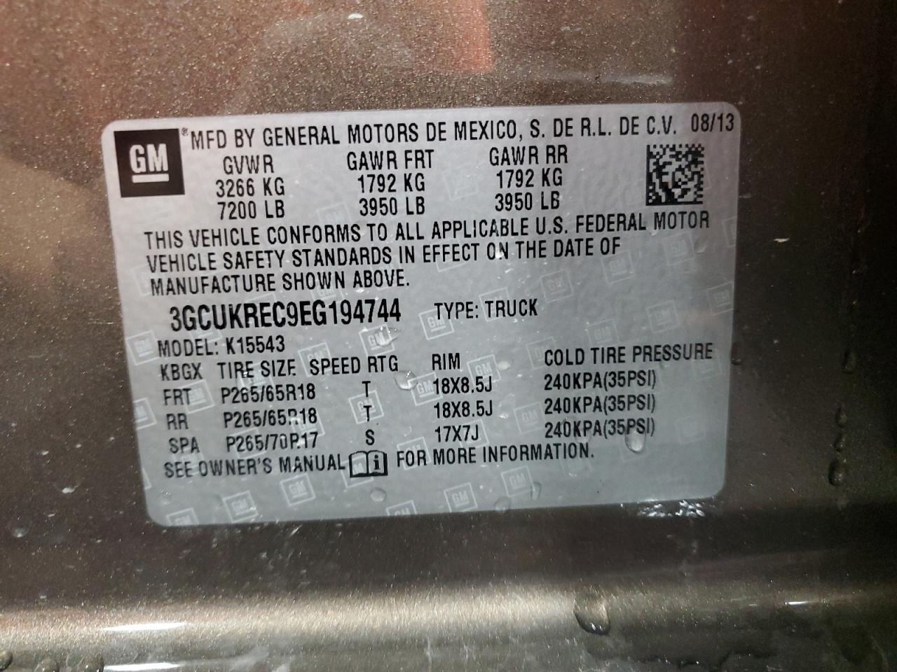 2014 Chevrolet Silverado K1500 Lt VIN: 3GCUKREC9EG194744 Lot: 84612335