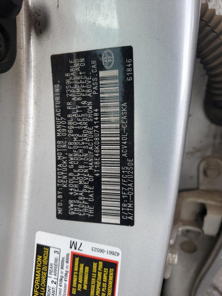 2008 Toyota Camry Ce VIN: 4T1BE46K08U741484 Lot: 85933265