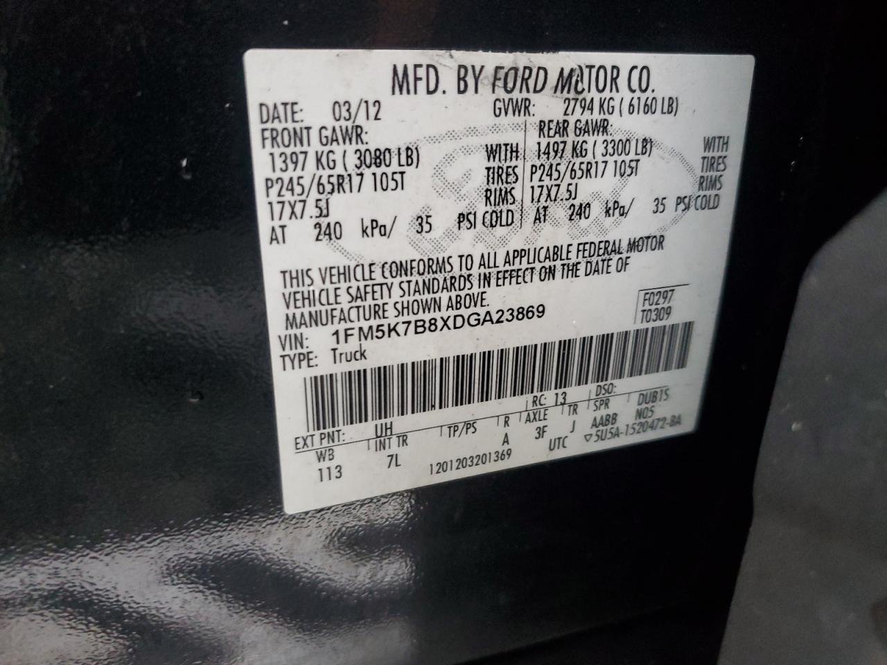 2013 Ford Explorer VIN: 1FM5K7B8XDGA23869 Lot: 80882215