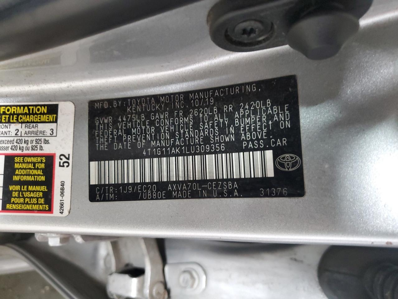 2020 Toyota Camry Se VIN: 4T1G11AK1LU309356 Lot: 86231305