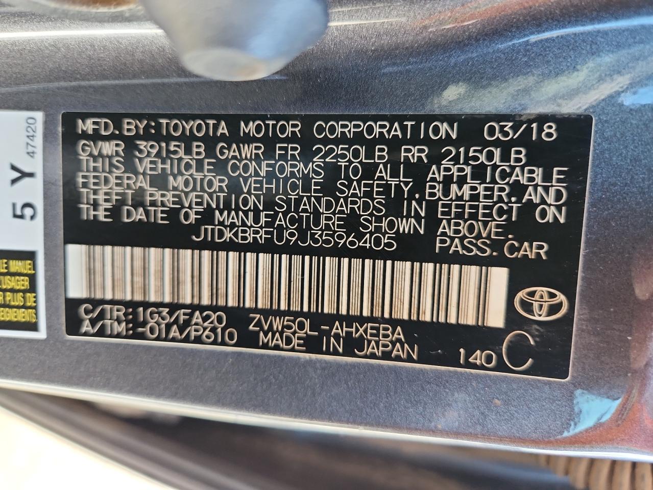 2018 Toyota Prius VIN: JTDKBRFU9J3596405 Lot: 80129365