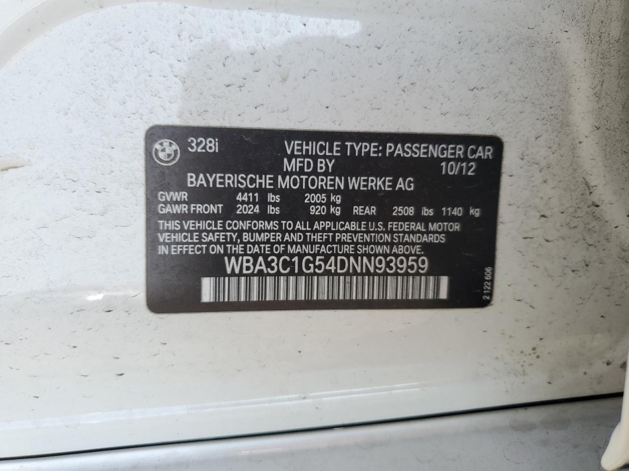 2013 BMW 328 I Sulev VIN: WBA3C1G54DNN93959 Lot: 82182885