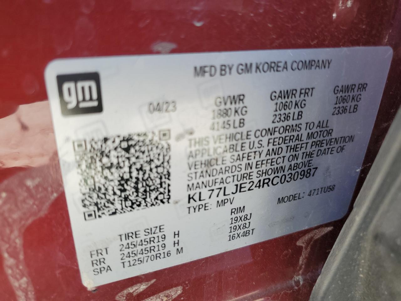 2024 Chevrolet Trax 2Rs VIN: KL77LJE24RC030987 Lot: 89509595