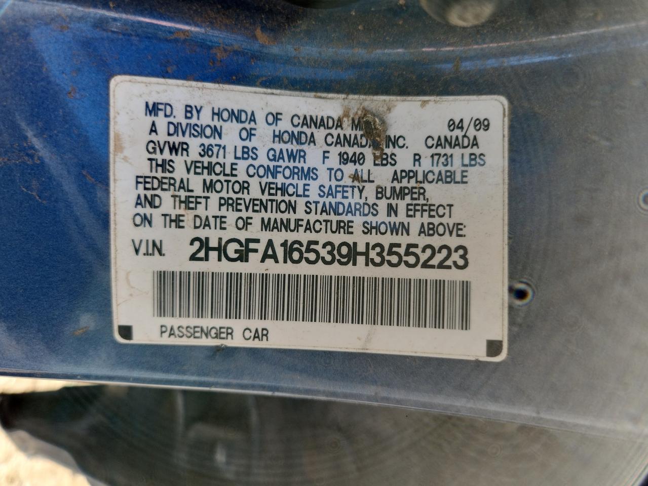 2009 Honda Civic Lx VIN: 2HGFA16539H355223 Lot: 90350135