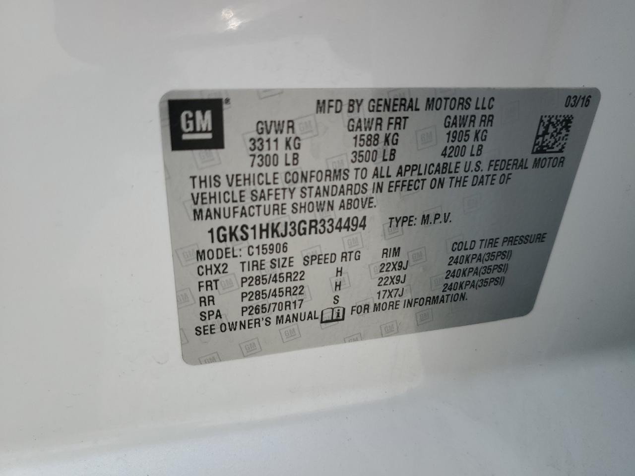 2016 GMC Yukon Xl Denali VIN: 1GKS1HKJ3GR334494 Lot: 82461825