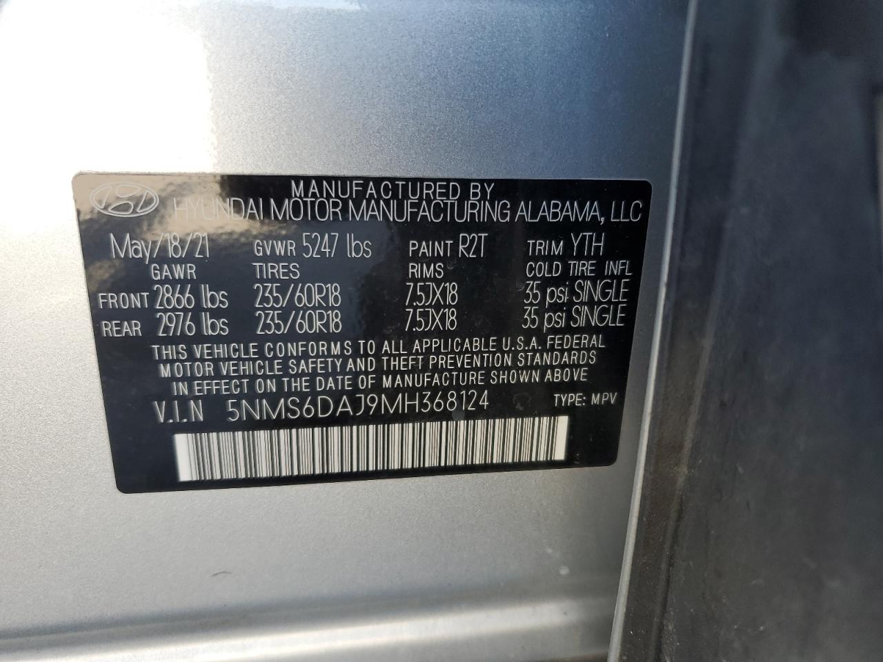 2021 Hyundai Santa Fe Sel VIN: 5NMS6DAJ9MH368124 Lot: 86442255