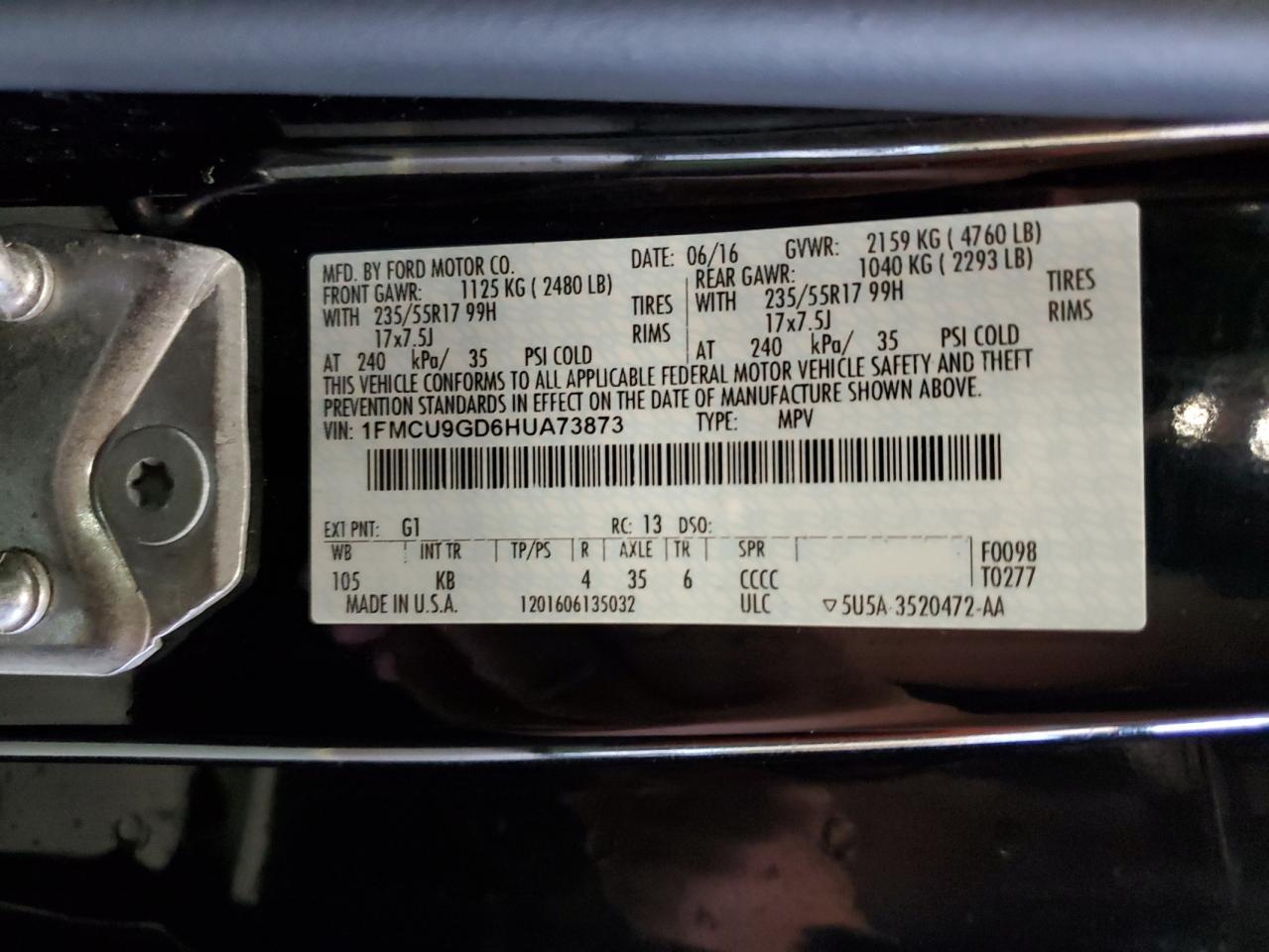 2017 Ford Escape Se VIN: 1FMCU9GD6HUA73873 Lot: 85585755
