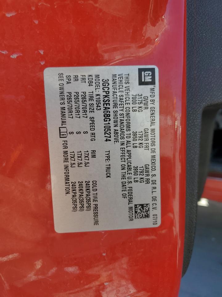 2011 Chevrolet Silverado K1500 Lt VIN: 3GCPKSEA6BG105274 Lot: 85095165