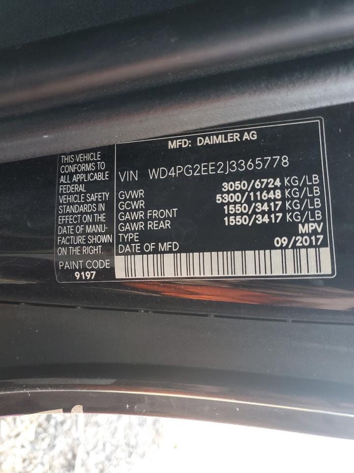 2018 Mercedes-Benz Metris Passenger VIN: WD4PG2EE2J3365778 Lot: 84919635