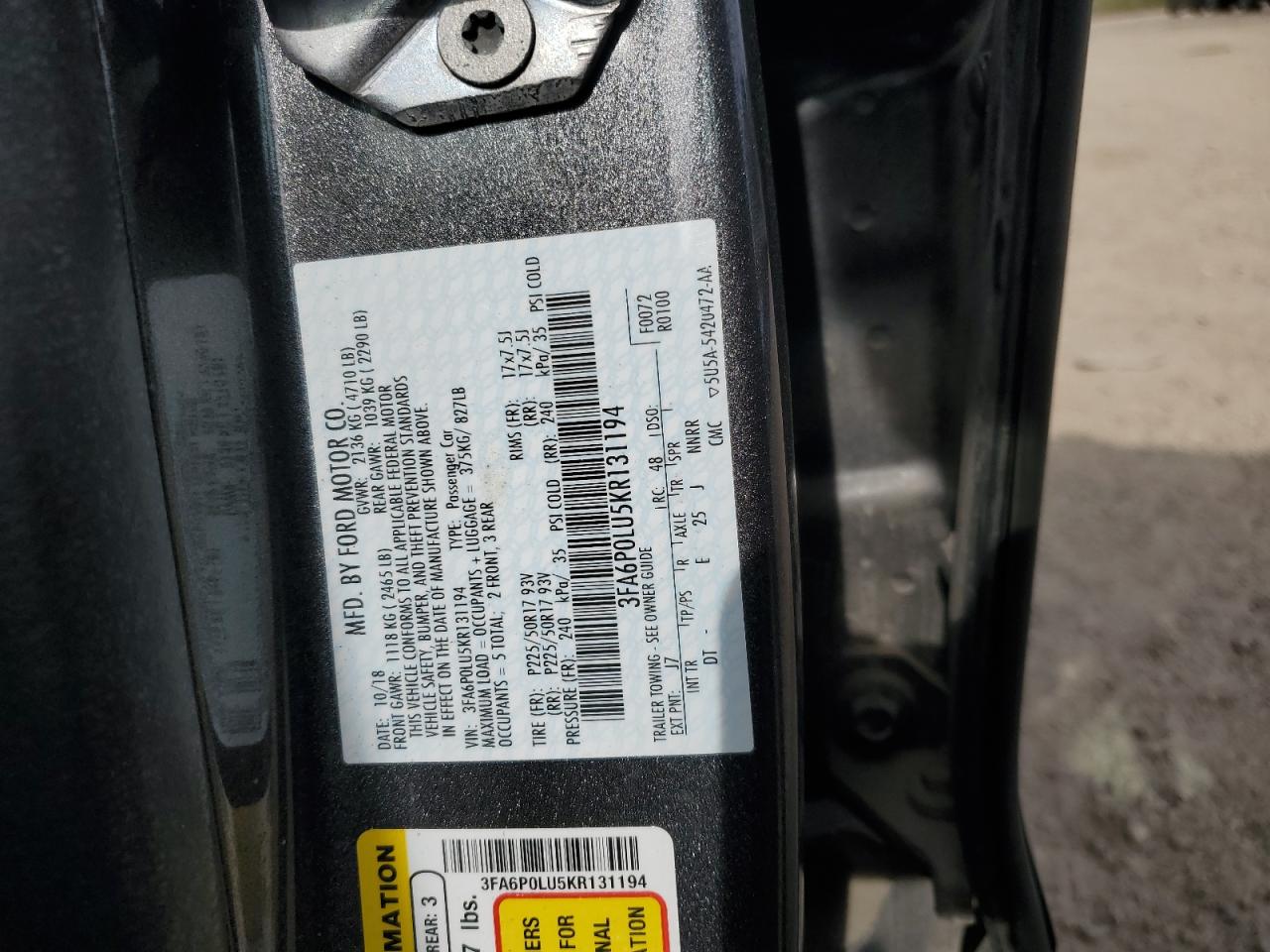 2019 Ford Fusion Se VIN: 3FA6P0LU5KR131194 Lot: 87065255