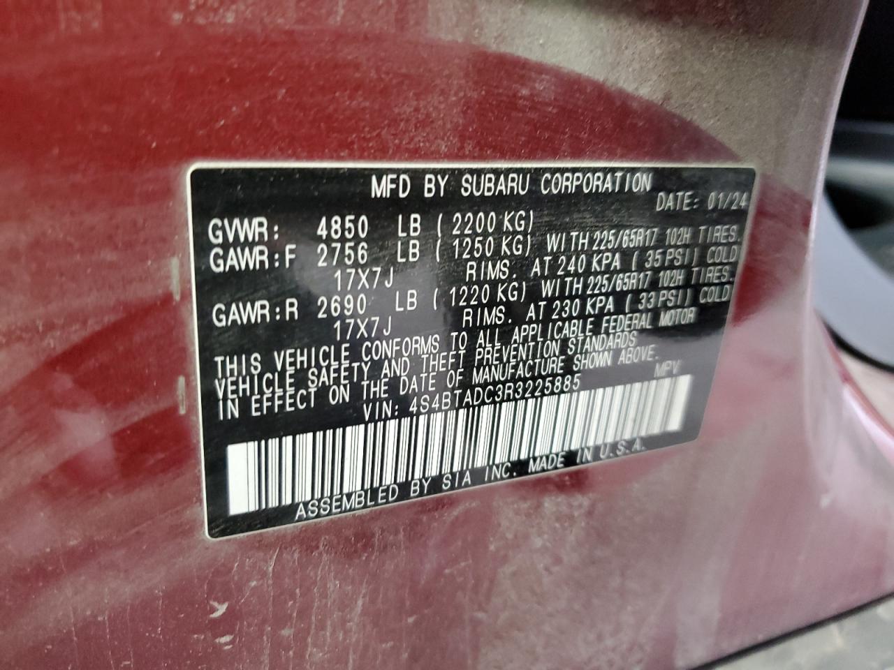 2024 Subaru Outback Premium VIN: 4S4BTADC3R3225885 Lot: 82416415