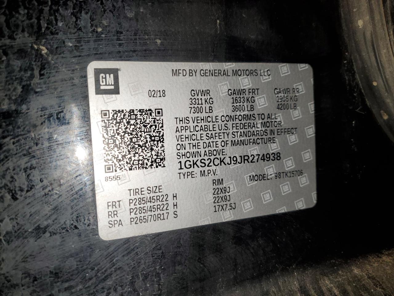 2018 GMC Yukon Denali VIN: 1GKS2CKJ9JR274938 Lot: 82231255