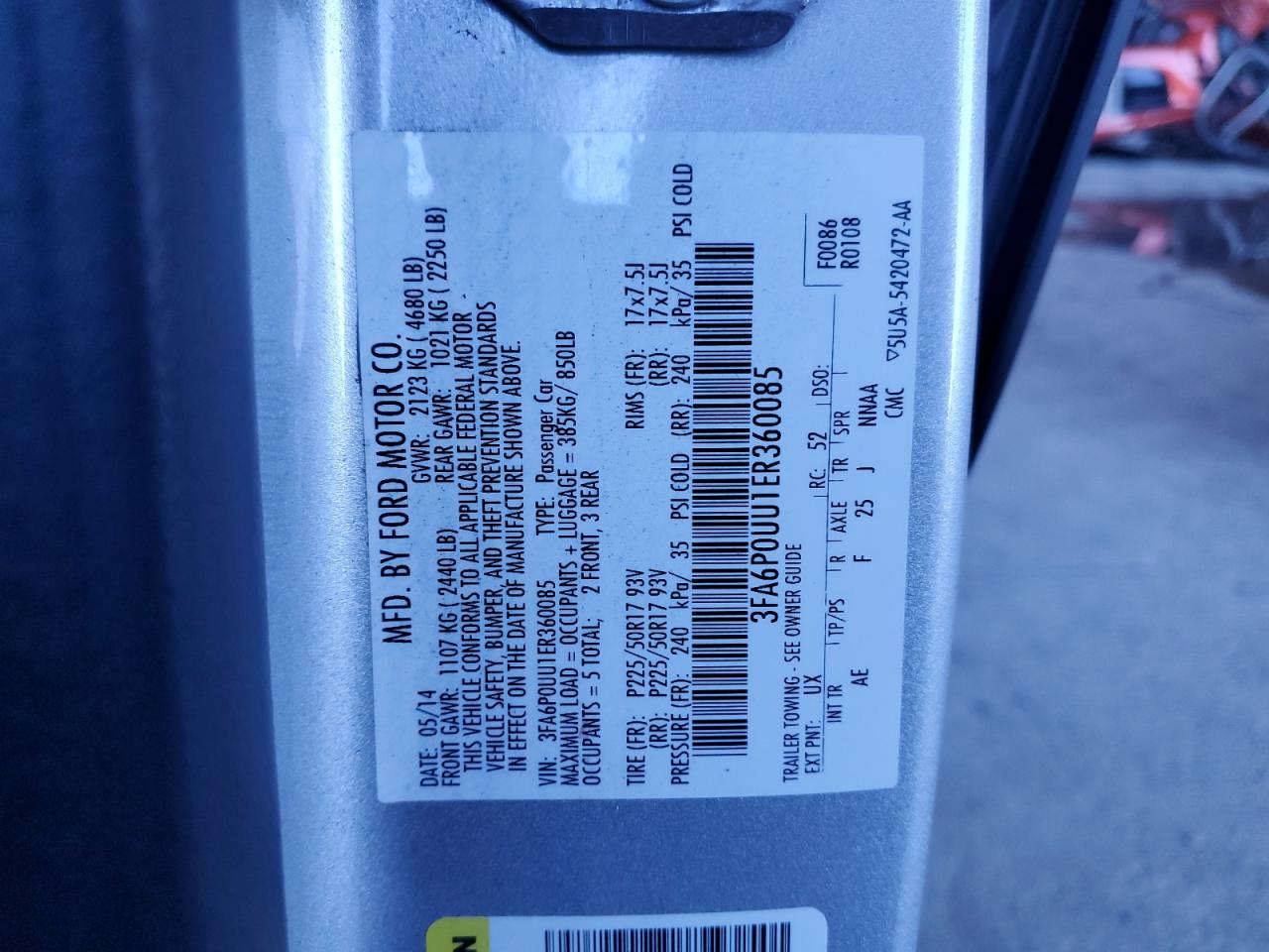 2014 Ford Fusion S Hybrid VIN: 3FA6P0UU1ER360085 Lot: 82715785