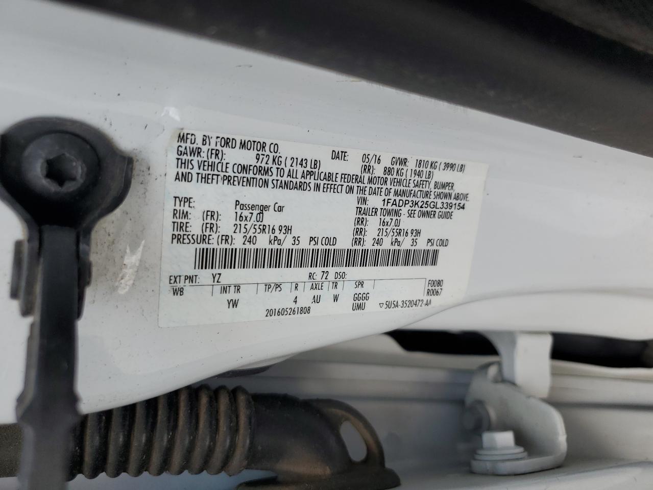 2016 Ford Focus Se VIN: 1FADP3K25GL339154 Lot: 89535245