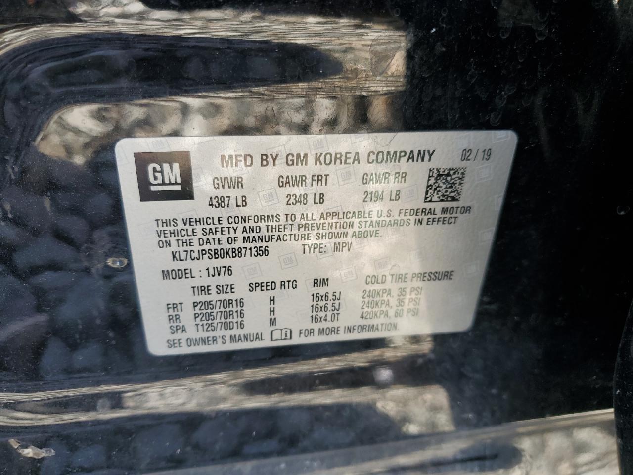 2019 Chevrolet Trax 1Lt VIN: KL7CJPSB0KB871356 Lot: 90540455