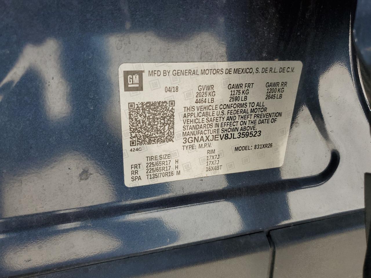 2018 Chevrolet Equinox Lt VIN: 3GNAXJEV8JL359523 Lot: 82204965