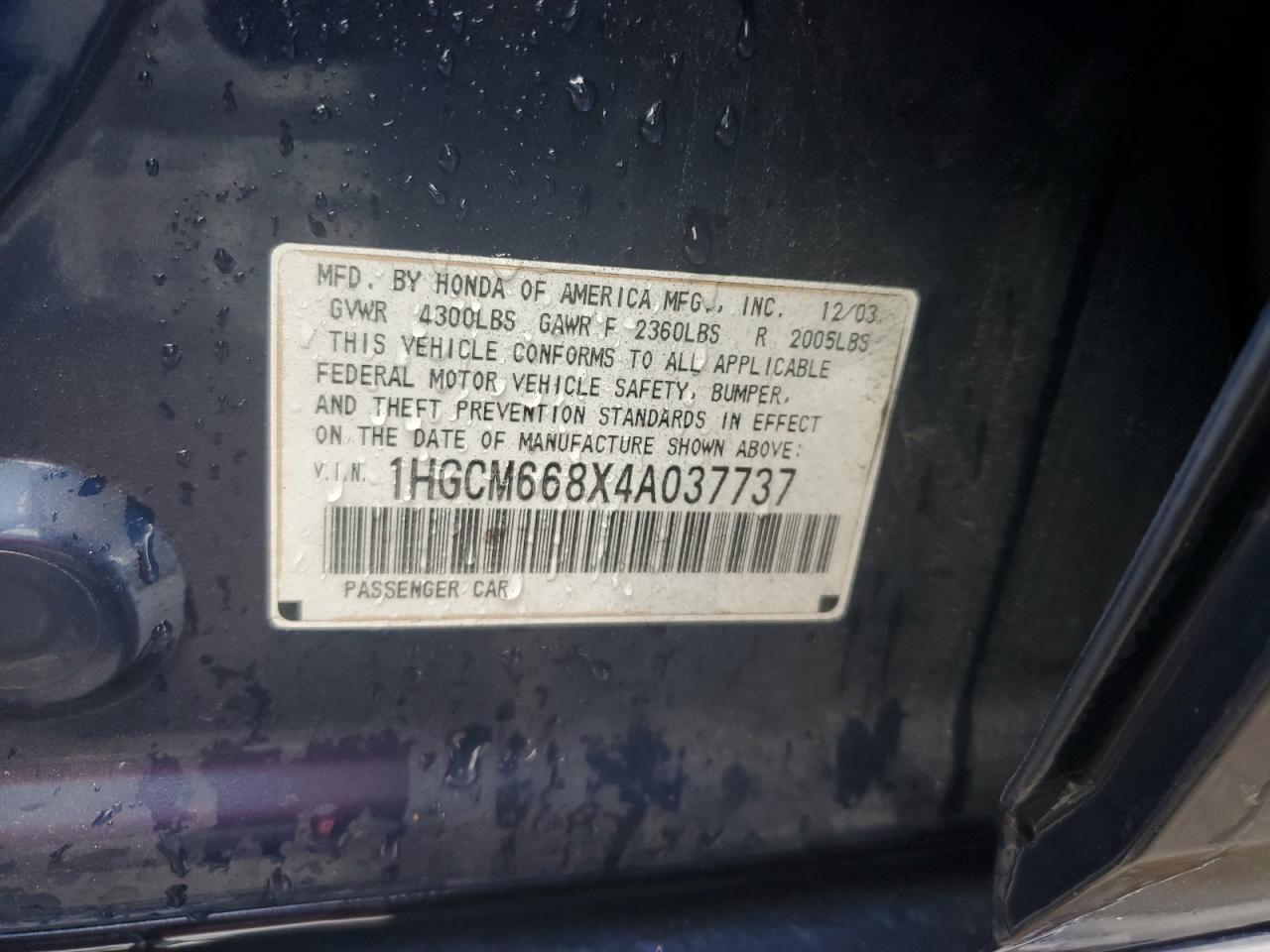 2004 Honda Accord Ex VIN: 1HGCM668X4A037737 Lot: 85516105