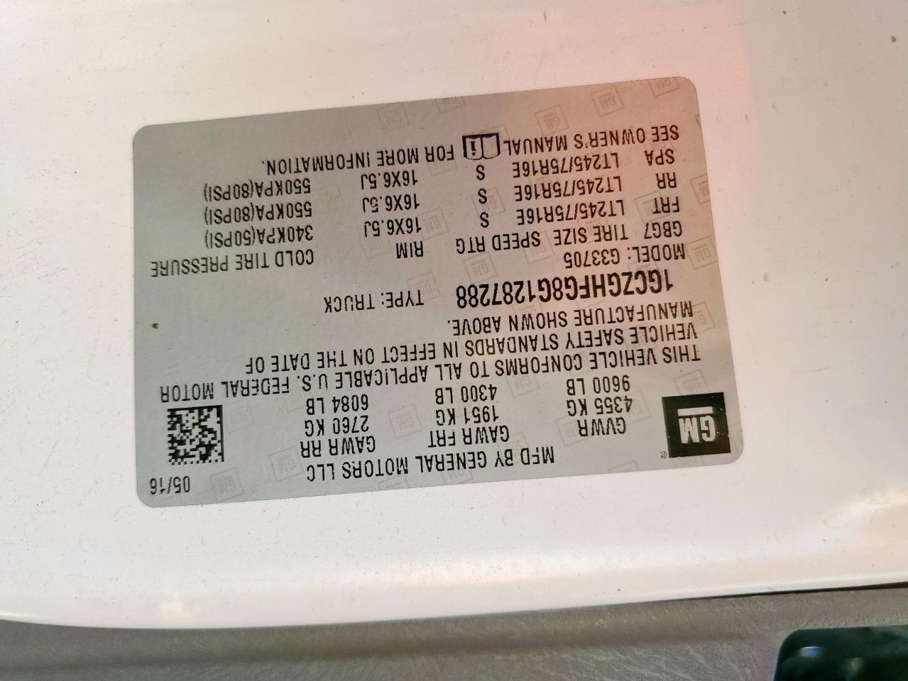 2016 Chevrolet Express G3500 VIN: 1GCZGHFG8G1287288 Lot: 85946485