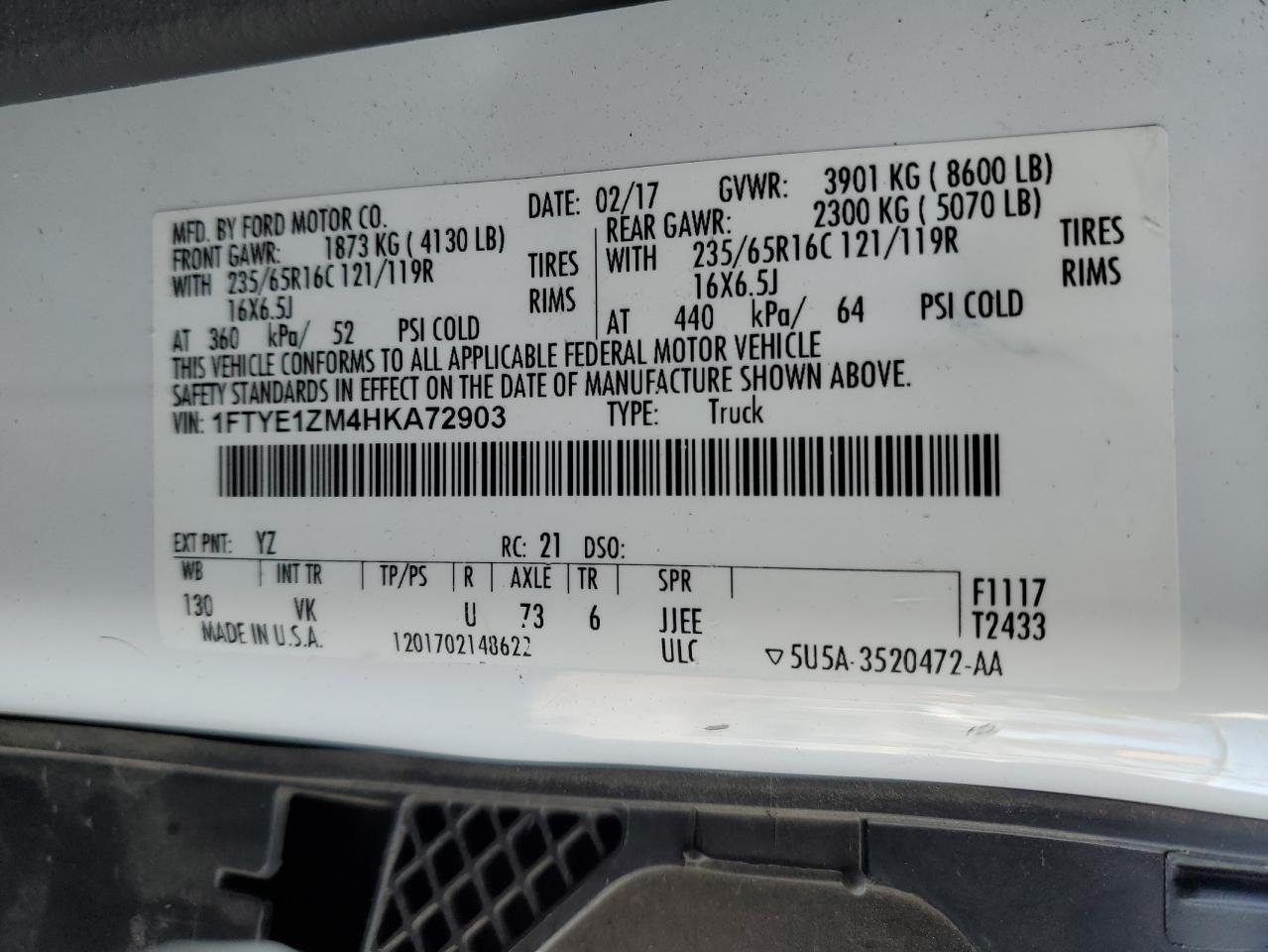 2017 Ford Transit T-150 VIN: 1FTYE1ZM4HKA72903 Lot: 84230375