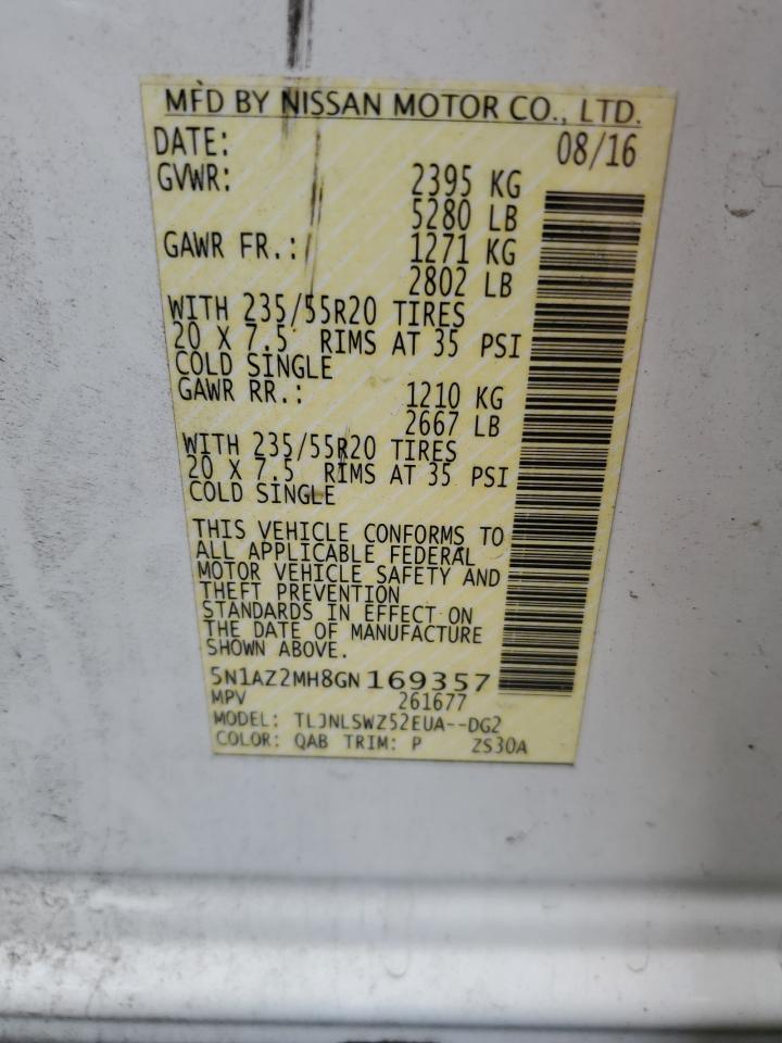 2016 Nissan Murano S VIN: 5N1AZ2MH8GN169357 Lot: 85542035