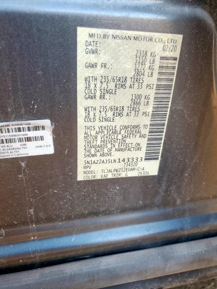 2020 Nissan Murano S VIN: 5N1AZ2AJ5LN143333 Lot: 85671325