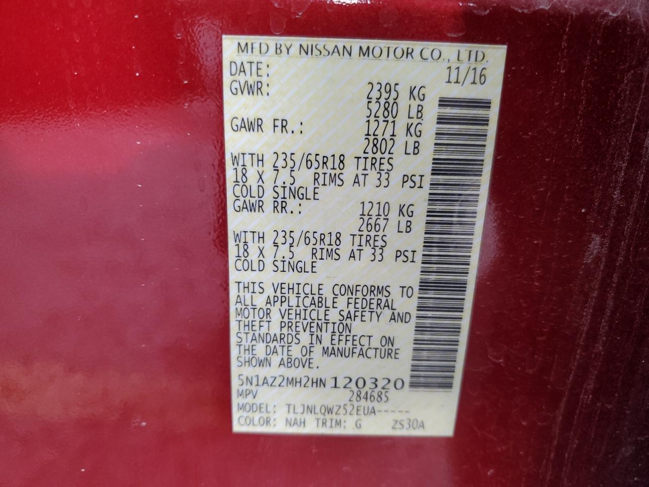 2017 Nissan Murano S VIN: 5N1AZ2MH2HN120320 Lot: 86175525