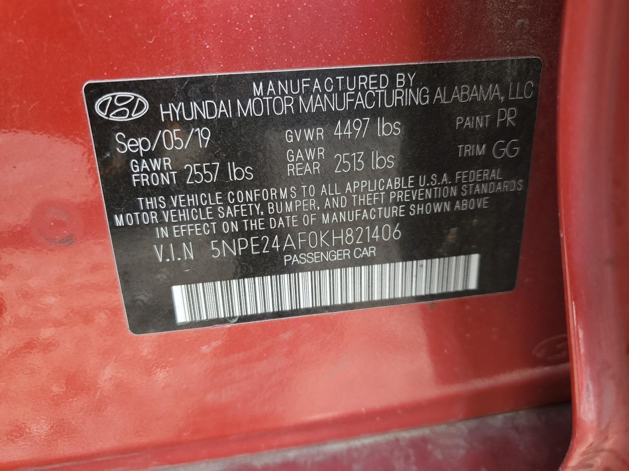 2019 Hyundai Sonata Se VIN: 5NPE24AF0KH821406 Lot: 82406435