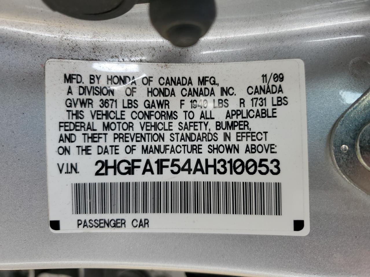 2010 Honda Civic Lx VIN: 2HGFA1F54AH310053 Lot: 86539345