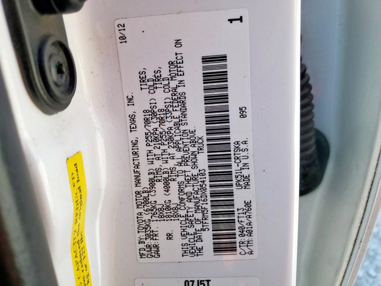 2013 Toyota Tundra Double Cab Sr5 VIN: 5TFRM5F16DX054103 Lot: 85351345