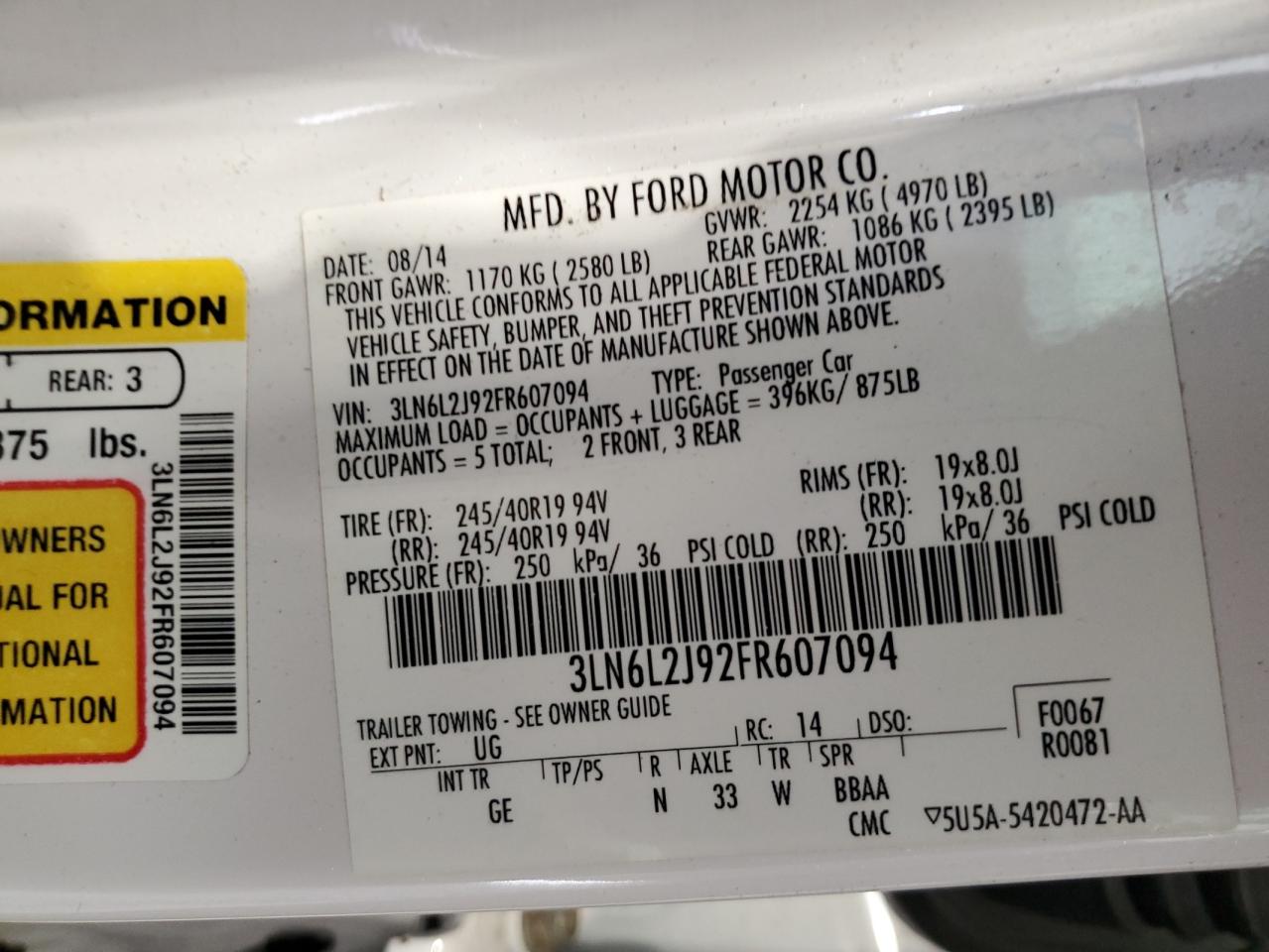 2015 Lincoln Mkz VIN: 3LN6L2J92FR607094 Lot: 82484395