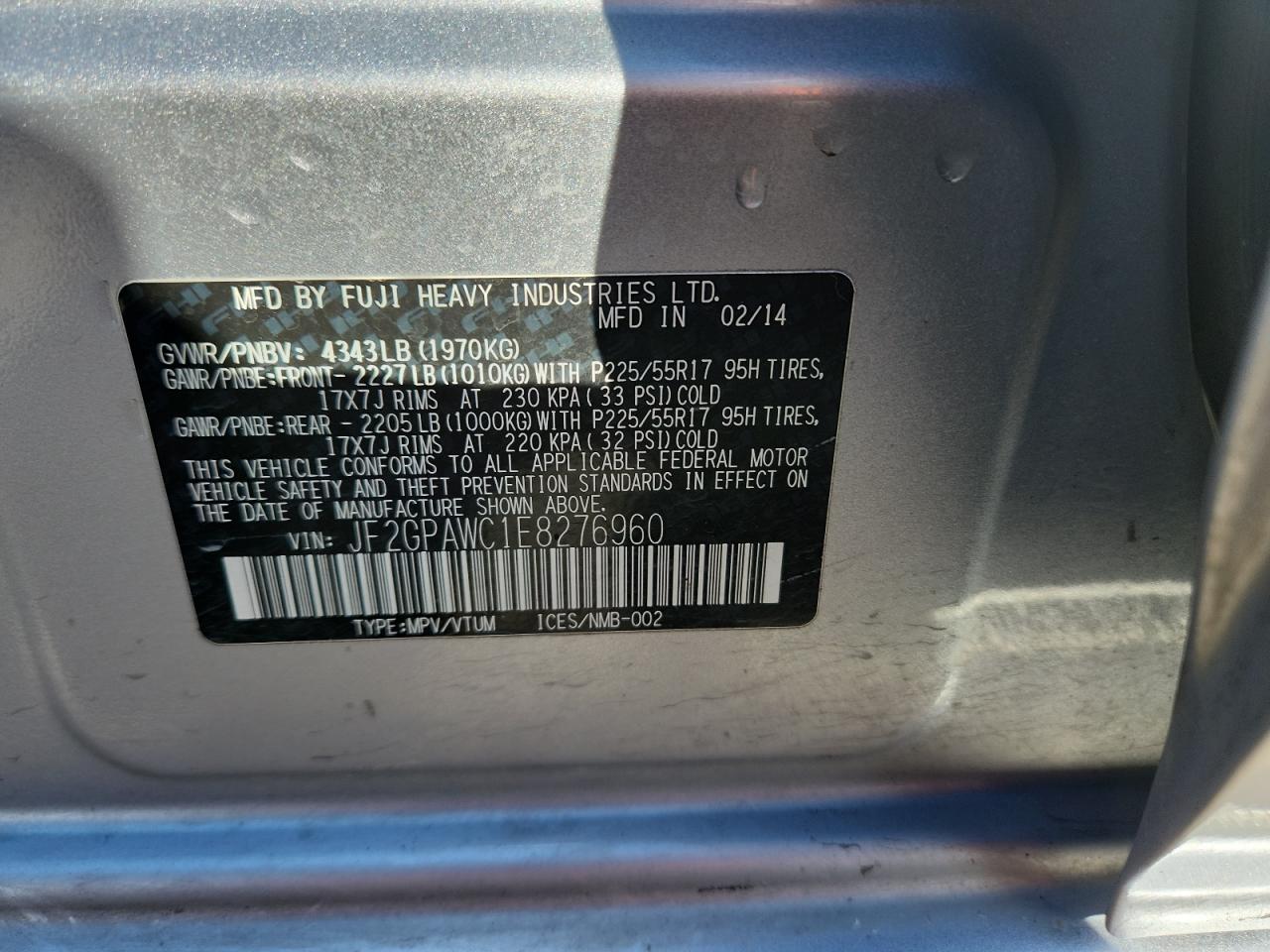 2014 Subaru Xv Crosstrek 2.0 Premium VIN: JF2GPAWC1E8276960 Lot: 87272855